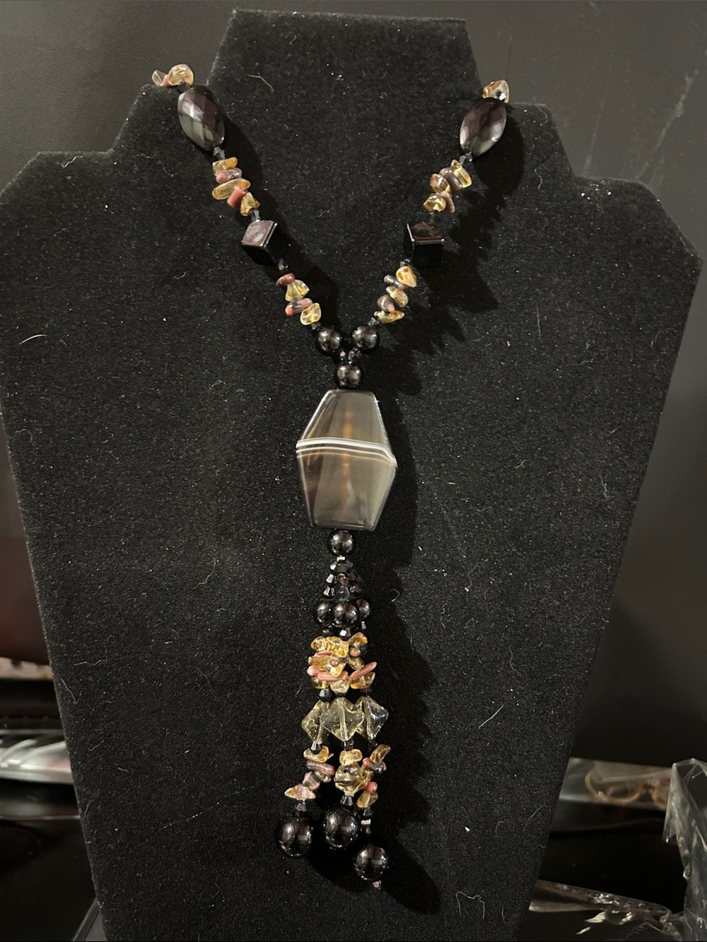 Handcrafted Black Agate Pendant Necklace with Multicolor Chip Accents